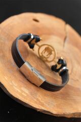 Gold Renk Baykuşlu Metal Aksesuarlı Siyah Renk Deri Erkek Bileklik