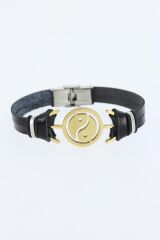 Gold Renk Yin Yang Figürlü Metal Aksesuarlı Siyah Renk Deri Erkek Bileklik