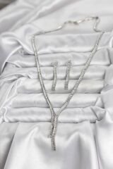 Gümüş Renk Baget Zirkon Taşlı Kadın Kolye Küpe Set