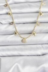 Pirinç Gold Renk Zirkon Taşlı Deniz Kabuğu Model Kadın Kolye