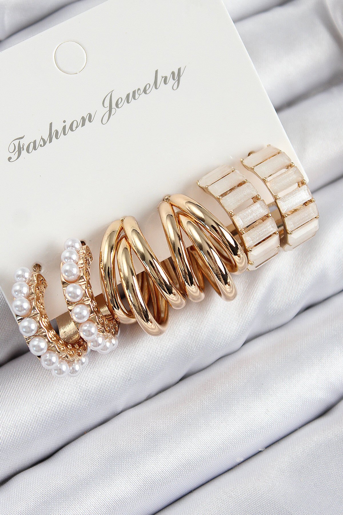 Pirinç İncili Halka Model Gold Renk Kadın Set Küpe