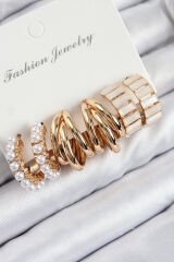 Pirinç İncili Halka Model Gold Renk Kadın Set Küpe