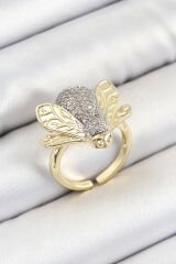 Pirinç Zirkon Taşlı Arı Model Gümüş Ve Gold Renk Kadın Yüzük