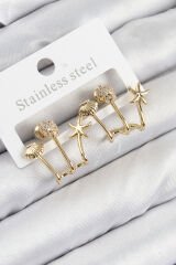 Pirinç Zirkon Taşlı Deniz Yıldızı ve İstiridye Model Gold Renk Kadın Küpe