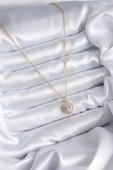 316L Çelik Zincir Gold Renk Zirkon Taşlı Kalp Model Charm Kadın Kolye
