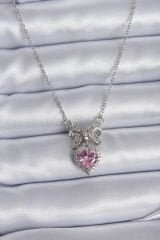 316L Çelik Gümüş Renk Zincir Pembe Kristal Kalp Zirkon Taşlı Kurdele Model Kadın Kolye