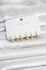 Pirinç Gold Renk Zirkon Taşlı Kadın Küpe Seti