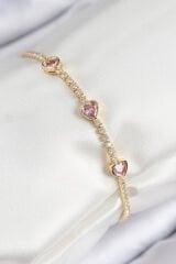 Pirinç Zirkon Taşlı Pembe Kalp Model Gold Renk Kadın Bileklik