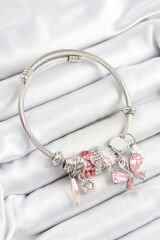 316L Çelik Pembe Zirkon Taşlı Kelebek Model Gümüş Renk Charm Bileklik