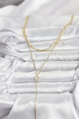 Pirinç Gold Renk Kalp Detaylı 3'lü Kombin Y Kadın Kolye