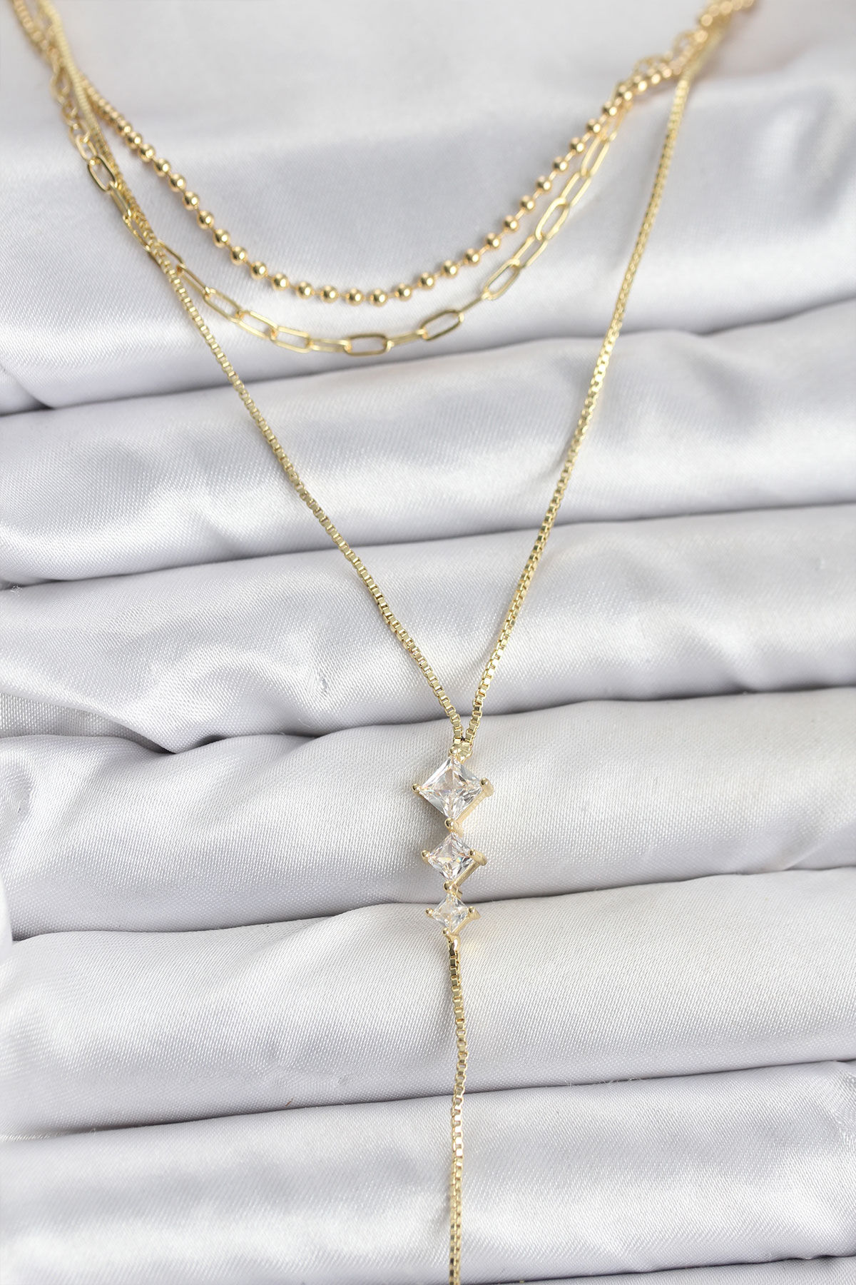 Pirinç Gold Renk Zirkon Taş Detaylı 3'lü Kombin Y Kadın Kolye