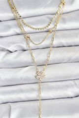 Pirinç Gold Renk Zirkon Taşlı Çiçek Model Detaylı 3'lü Kombin Y Kadın Kolye