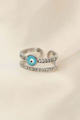 Ayarlamalı Silver Renk Nazar Boncuk Detay Zirkon Taşlı Yüzük