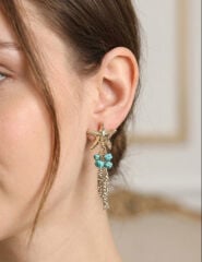 Deniz Yıldızı ve Balık Detaylı Mavi Taşlı Gold Renk Kadın Küpe