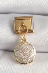 316L Çelik Gold Renk Sallantı Zirkon Taşlı Yonca Model Nomination Charm