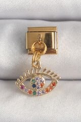 316L Çelik Gold Renk Sallantı Renkli Zirkon Taşlı Göz Model Nomination Charm