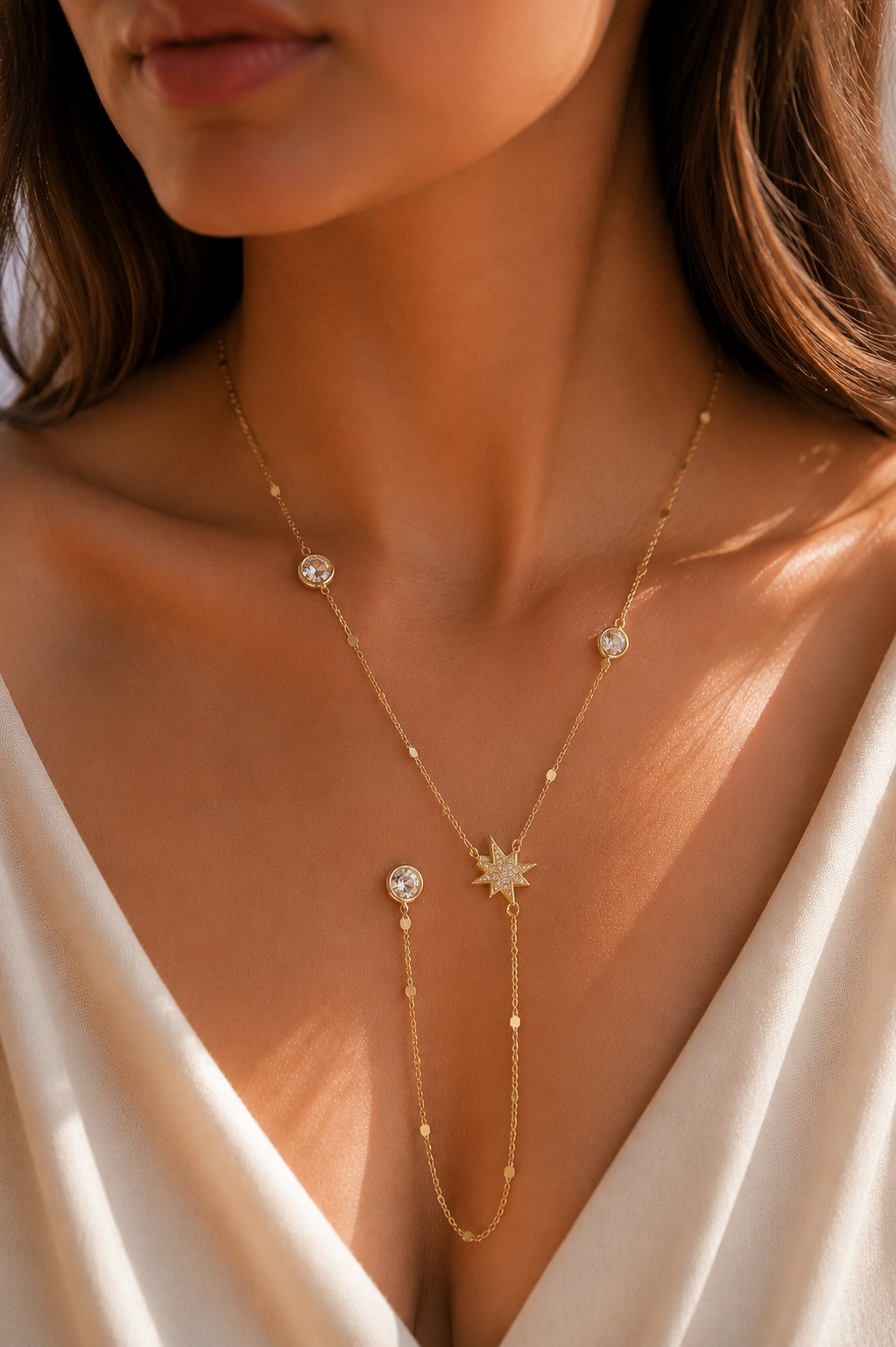 Pirinç Zirkon Taşlı Kutup Yıldızı Model Gold Renk Y Kolye