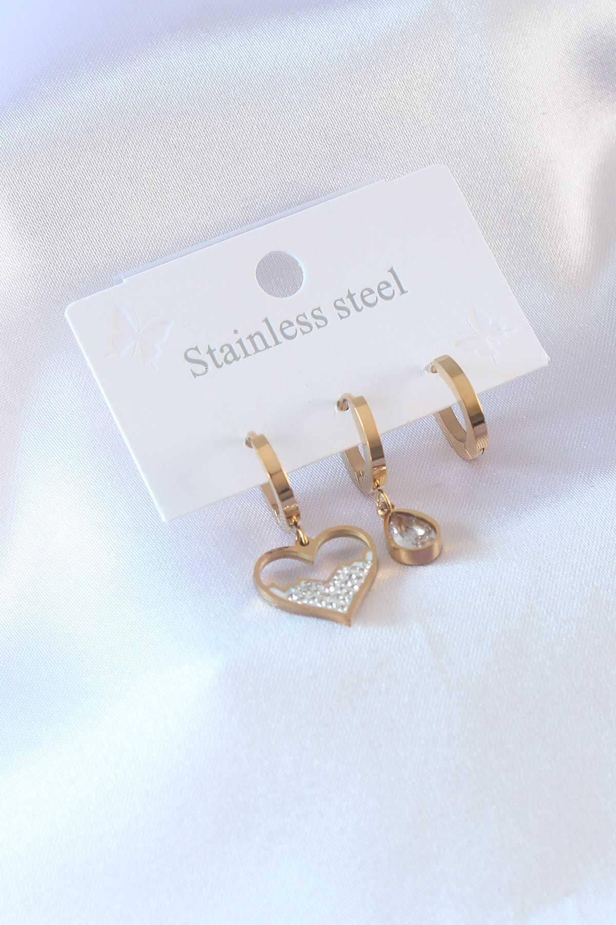 316L Çelik Gold Renk Kalp Model Zirkon Taşlı Kadın Küpe
