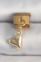 316L Çelik Gold Renk Sallantı Kalp Model Zirkon Taş Detay Nomination Charm