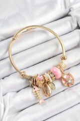 316L Çelik Pembe Zirkon Taşlı Balık Deniz Kabuğu Ve Deniz Yıldızı Model Gold Renk Charm Bileklik