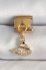 316L Çelik Gold Renk Sallantı Zirkon Taşlı Kuğu Model Nomination Charm