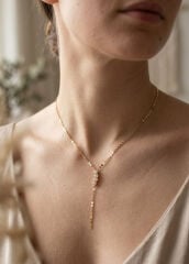 Pirinç Zirkon Taşlı Ezme Zincirli Model Gold Renk Y Kolye