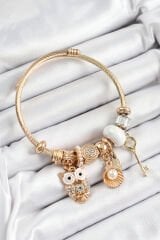 316L Çelik Beyaz Zirkon Taşlı Baykuş İstiridye Ve Anahtar Model Gold Renk Charm Bileklik
