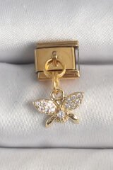 316L Çelik Gold Renk Zirkon Taşlı Kelebek Model Nomination Charm