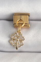 316L Çelik Gold Renk Sallantı Zirkon Taşlı Yonca Model Nomination Charm