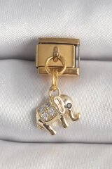 316L Çelik Gold Renk Sallantı Zirkon Taşlı Fil Model Nomination Charm