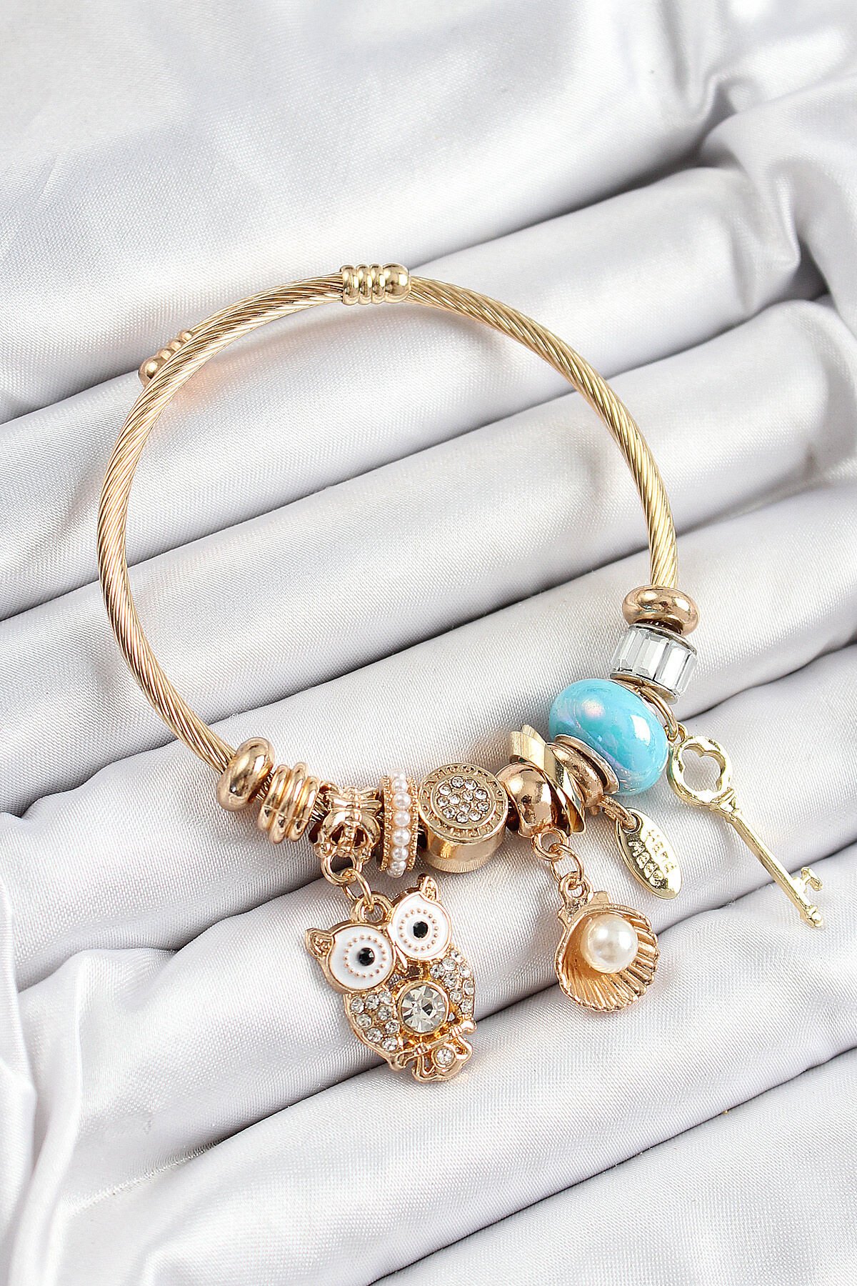 316L Çelik Mavi Zirkon Taşlı Baykuş İstiridye Ve Anahtar Model Gold Renk Charm Bileklik