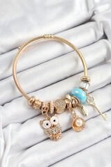 316L Çelik Mavi Zirkon Taşlı Baykuş İstiridye Ve Anahtar Model Gold Renk Charm Bileklik