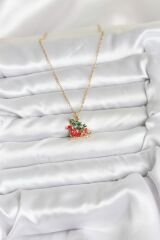 316L Çelik Zincir Gold Renk Kızak ve Çam Ağacı Figürlü Yılbaşı Temalı Kadın Kolye