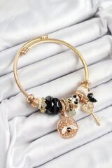 316L Çelik Siyah Zirkon Taşlı Baykuş Arı Ve Anahtar Model Gold Renk Charm Bileklik