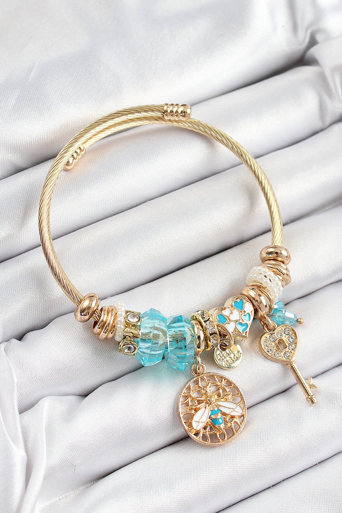 316L Çelik Mavi Zirkon Taşlı Baykuş Arı Ve Anahtar Model Gold Renk Charm Bileklik