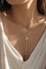 Pirinç Zirkon Taşlı Ezme Zincirli Madalyon Model Gold Renk Y Kolye