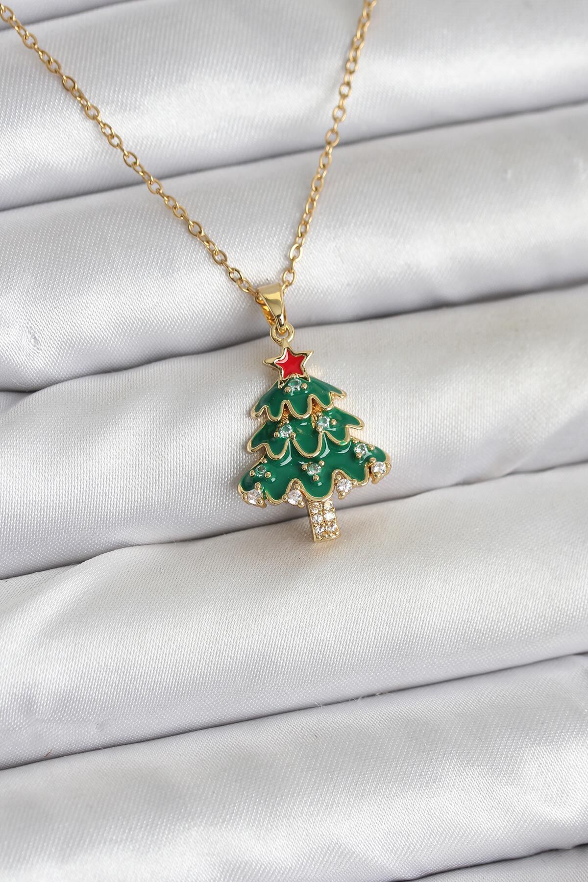 316L Çelik Zincir Gold Renk Çam Ağacı Model Yılbaşı Temalı Kadın Kolye