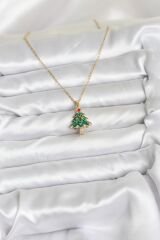 316L Çelik Zincir Gold Renk Çam Ağacı Model Yılbaşı Temalı Kadın Kolye