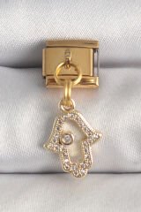 316L Çelik Gold Renk Sallantı Zirkon Taşlı Fatma Ana El Model Nomination Charm