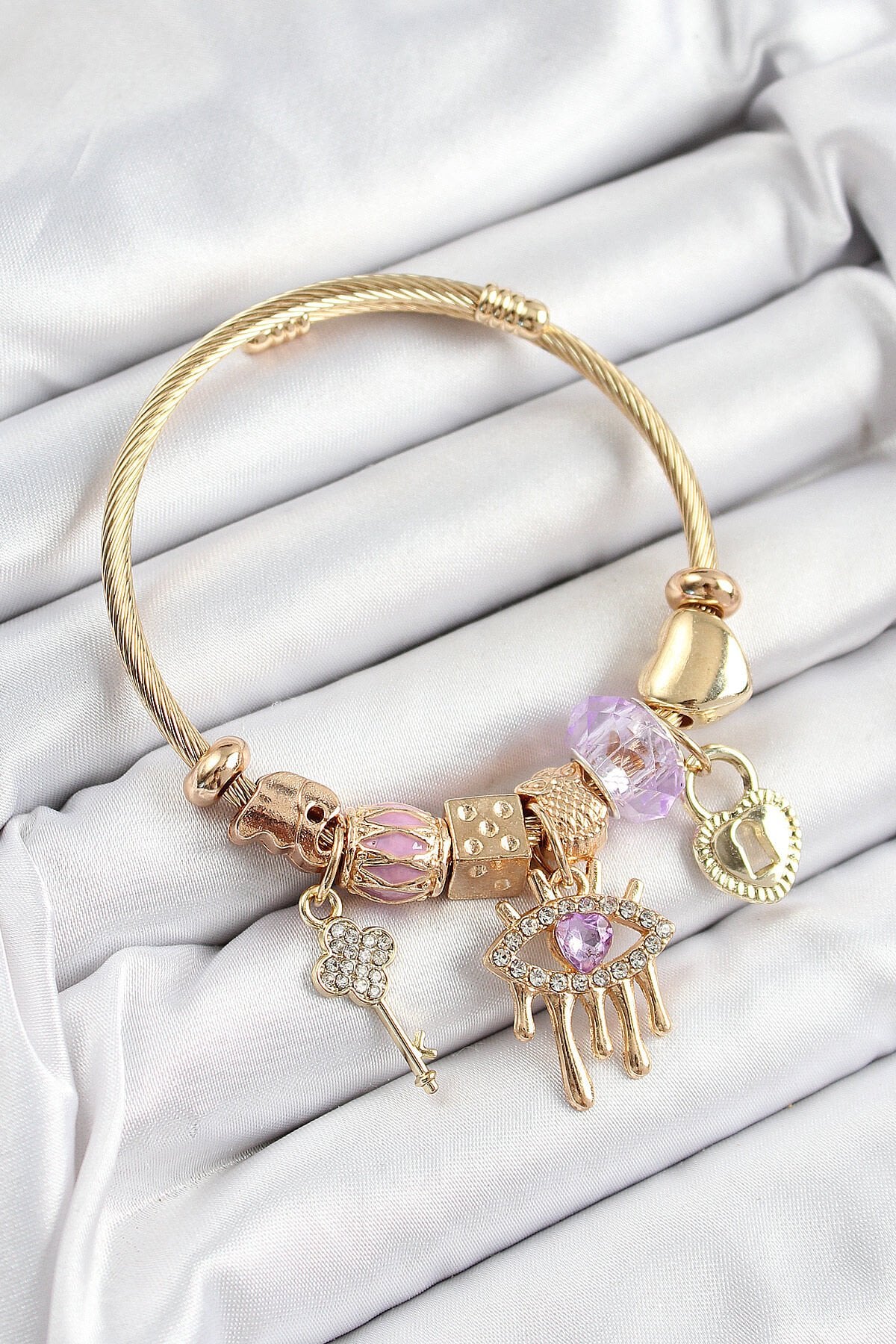 316L Çelik Mor Zirkon Taşlı Kilit Göz Ve Anahtar Model Gold Renk Charm Bileklik