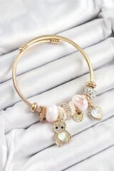316L Çelik Beyaz Zirkon Taşlı Ayıcık Ve Kalp Model Gold Renk Charm Bileklik