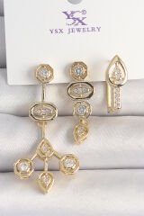 Pirinç Gold Renk Zirkon Taşlı Geometrik Model 3'Lü Kadın Kombin Küpe