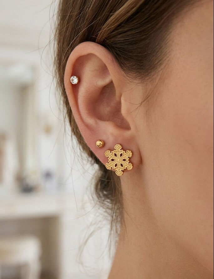 316L Çelik Zirkon Taşlı Kar Tanesi Model Gold Renk Kadın Set Küpe