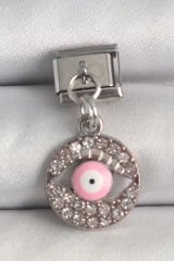 316L Çelik Gümüş Renk Sallantı Zirkon Taşlı Pembe Göz Model Nomination Charm