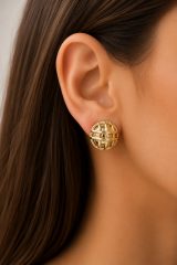 316L Çelik Gold Renk Desenli Top Model Kadın Küpe