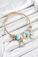 316L Çelik Mavi Zirkon Taşlı Ayıcık Ve Kalp Model Gold Renk Charm Bileklik