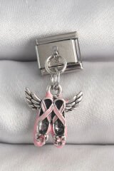 316L Çelik Gümüş Renk Sallantı Pembe Kanatlı Ayakkabı Model Nomination Charm