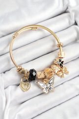 316L Çelik Siyah Zirkon Taşlı Kelebek Fiyonk Ve Kilit Model Gold Renk Charm Bileklik
