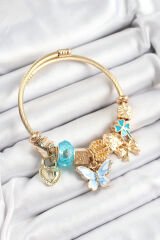 316L Çelik Mavi Zirkon Taşlı Kelebek Fiyonk Ve Kilit Model Gold Renk Charm Bileklik