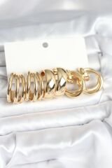 Pirinç Gold Renk 3 Çift Vintage Kadın Küpe Seti